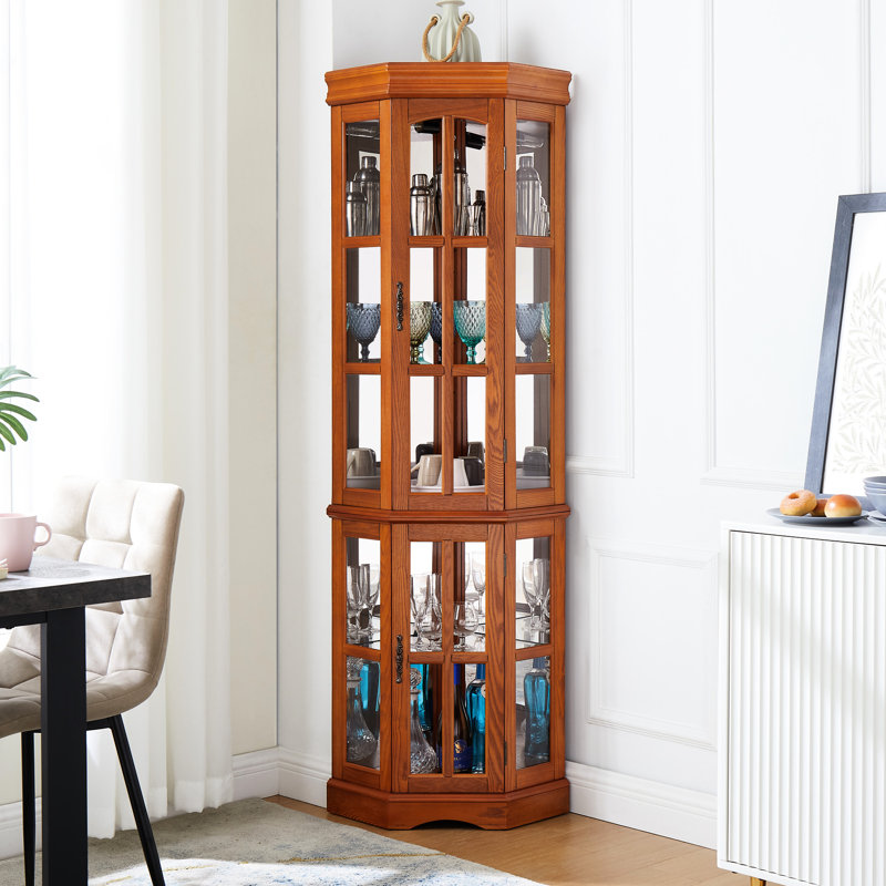 Armoire d'angle avec 5 tablettes et 5 lumières en chêne, Chêne