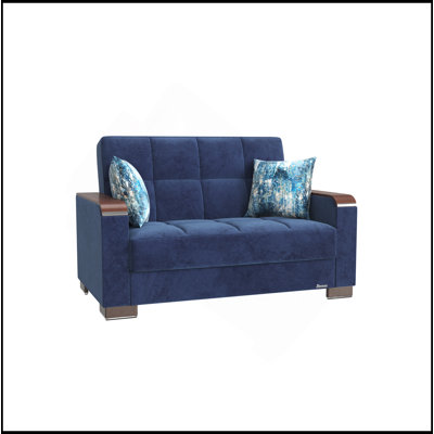 Causeuse rembourrée avec garniture en bois et garniture en bois, microfibre bleue