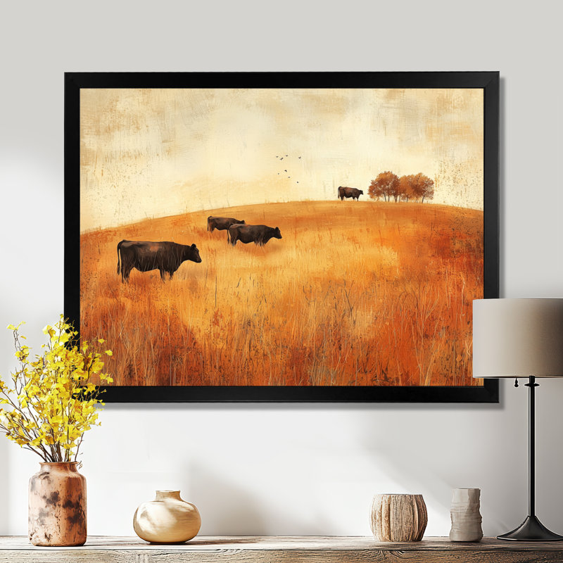 Cows In The Autumn Fields I - Countryside Wall Art, Single Picture Framed, Black, 12" H x 20" W