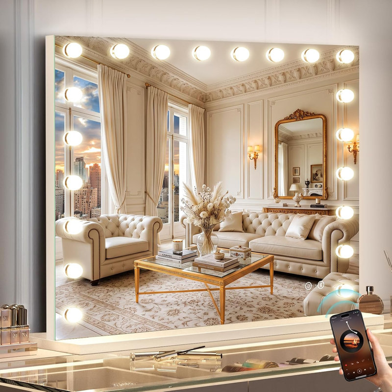 Miroir de salle de bain Hollywood avec lumières, miroir de maquillage à DEL 3 couleurs à intensité variable avec port de charge USB, commande tactile et fonction de mémoire, miroir de salle de bain éclairé avec miroir grossissant 10X