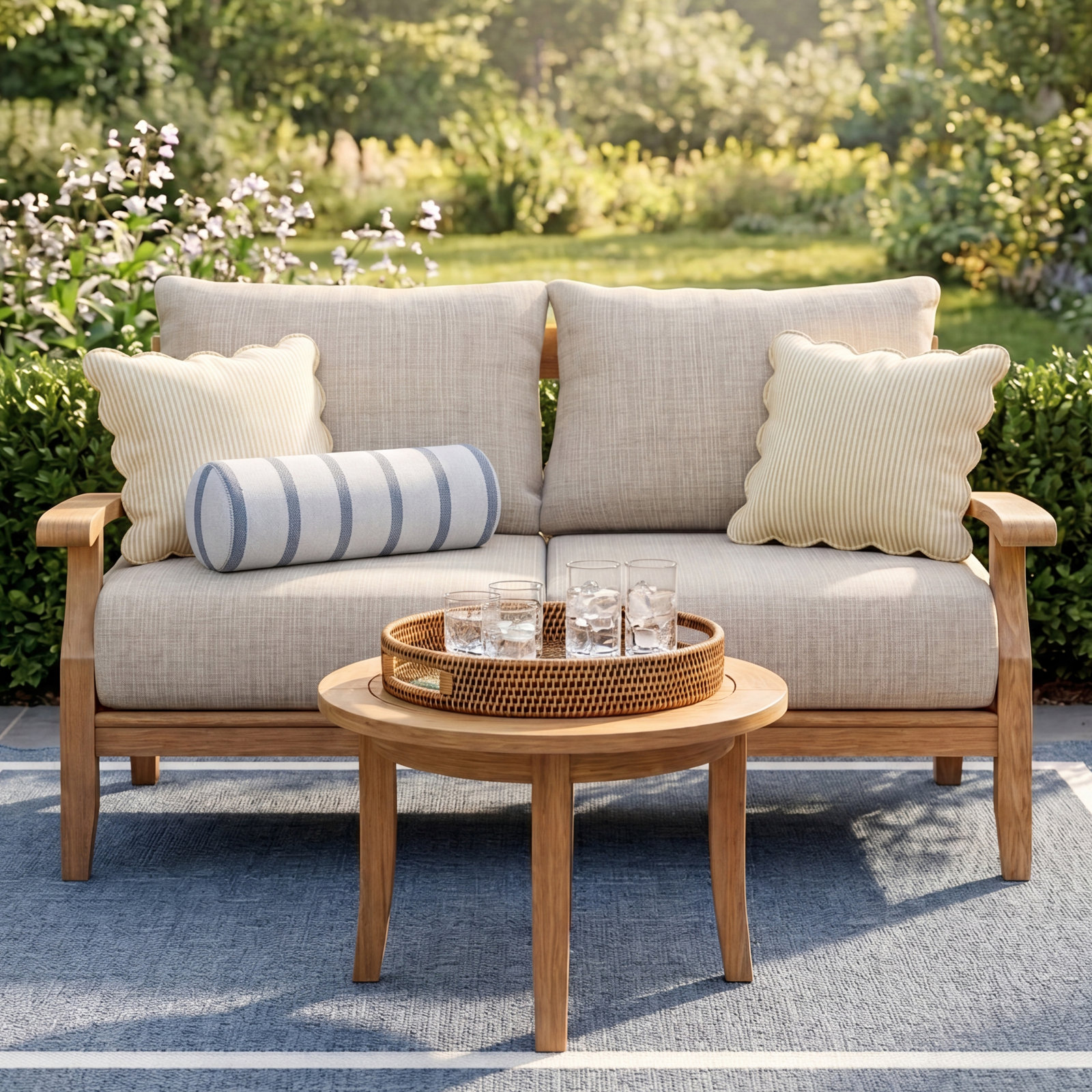 Summerton 54.25'' Wide Rectangle Teak Loveseat with Cushions, Beige, Natural