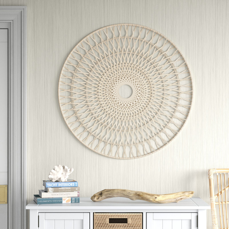 Boho Woven Bamboo Wood & Rattan Wall Hanging - 36" Round Decorative White Wall Art for Home, Office, Bedroom, Living Room - Casual Handmade Accent Decor