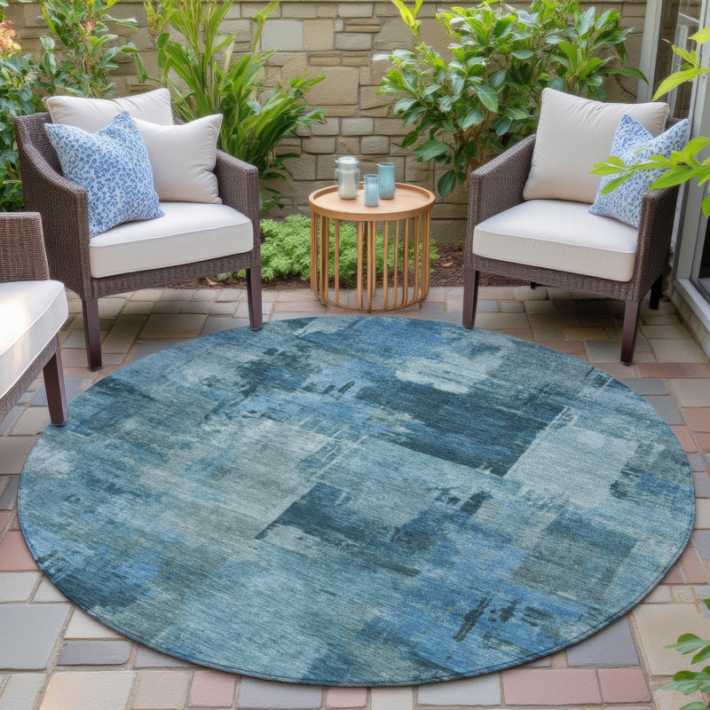 Machine Washable Indoor/Outdoor Xhevrie Blue Rug, Round 8'
