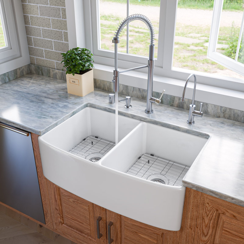 White Fireclay Double Bowl Farmhouse Kitchen Sink