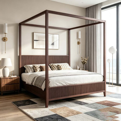 Wooden Canopy Platform Bed with Fluted Headboard