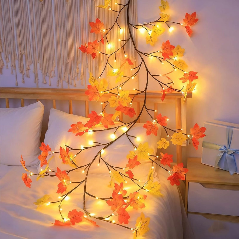 Feuilles d'érable, lumières de vigne de saule enchantées, 3,9 pi / 48 lumières DEL de couleur d'érable à 2 branches pour mur, minuterie à distance, modèle 8 lumières, portes de chambre à coucher mariage, Noël (3,9 pi / 48 DEL)