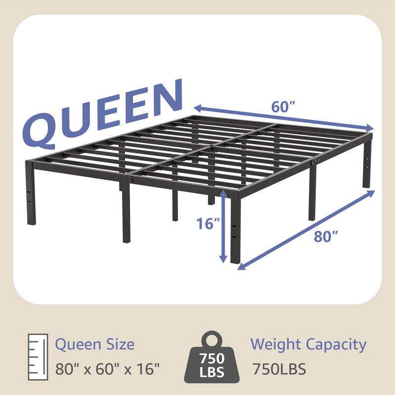  Structure de lit plateforme en métal noir de 16 po avec support à 11 pieds Turberville, sans sommier, grand, Grand lit, 16"
