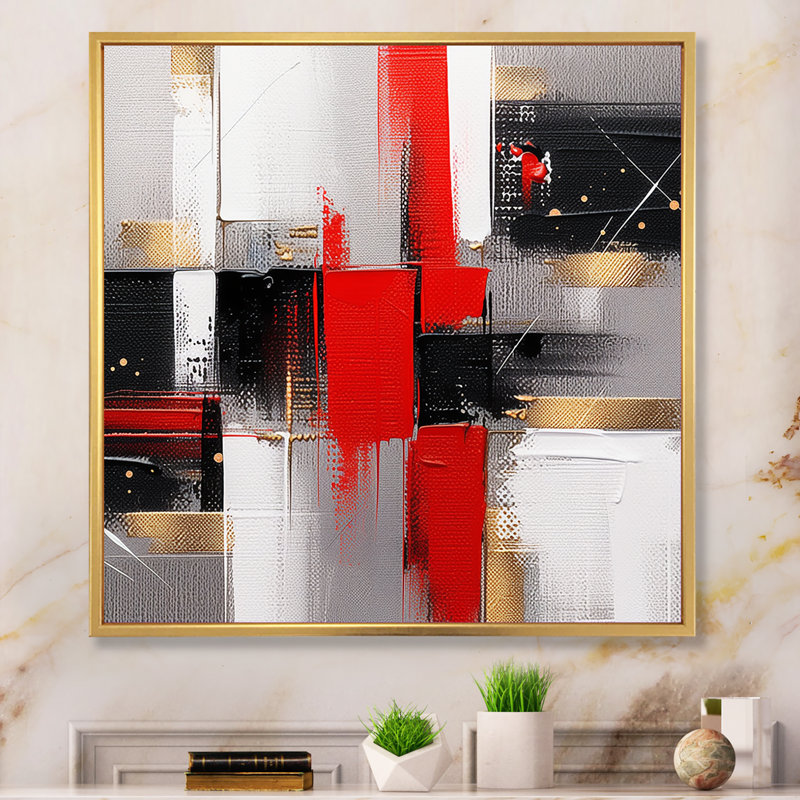 «Red and Gold Cubic Abstract I», reproduction sur toile, Cadre flottant doré, H 30 po x l 30 po x P 1 po