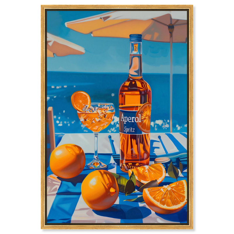 «Coastal Aperol» par Art Remedy, H 31 po x l 21 po, Cadre flottant, Doré