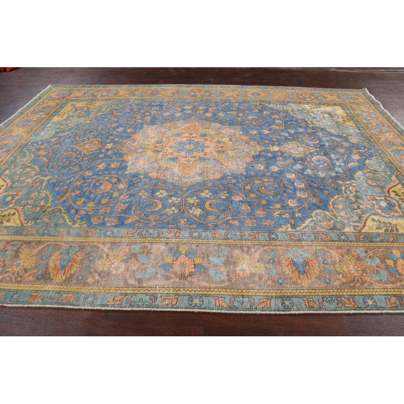 Tapis unique en laine noué à la main de style années 1950 de 8 pi 2 po x 11 pi 2 po bleu / jaune / orange