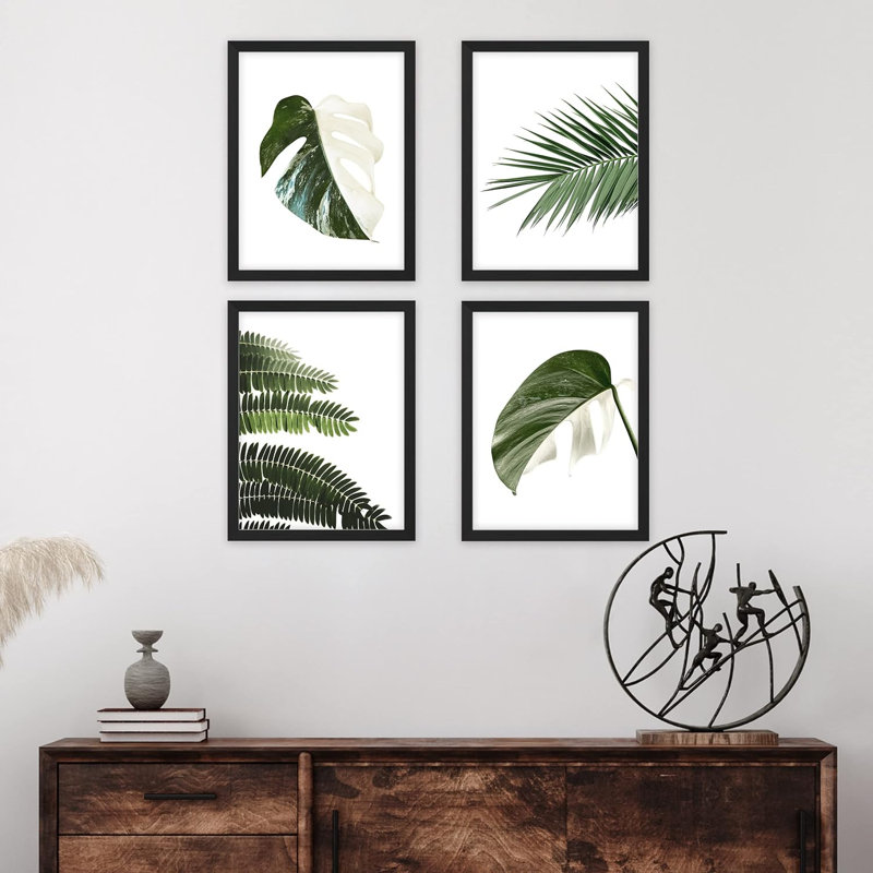 Ensemble de 4 palmiers tropicaux verts et blancs, impression murale encadrée sur papier, impression de 4 pièces, Noir