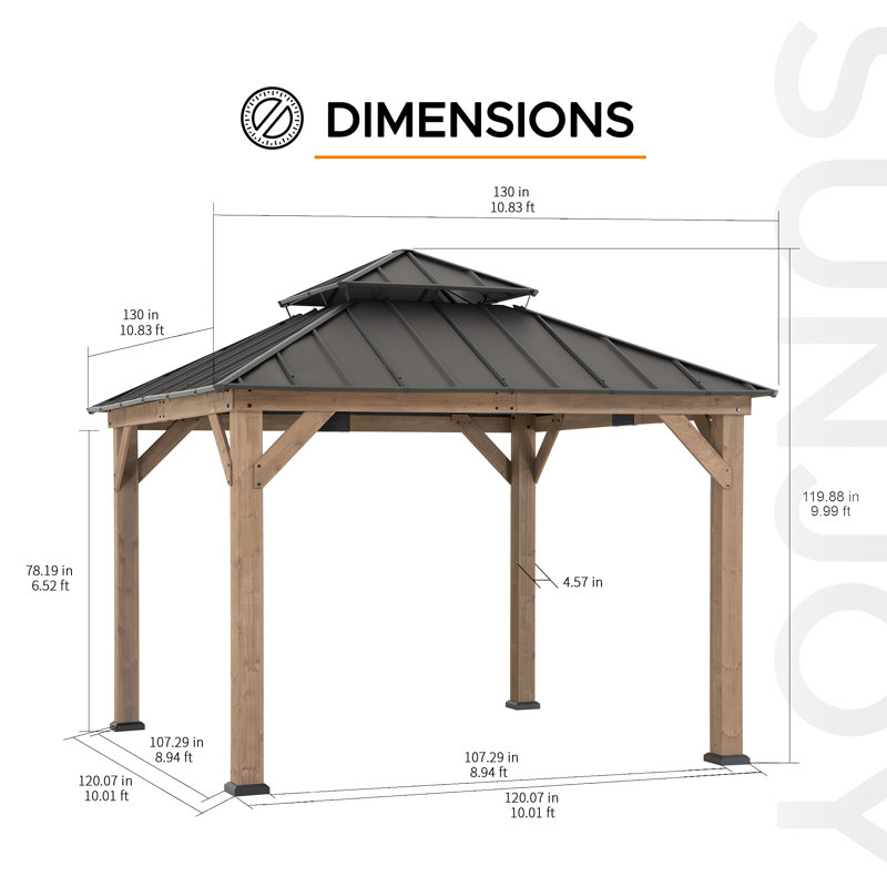 SUNJOY 11 x 11 ft. Wood Gazebo, Upgrade Outdoor Patio Cedar Framed Steel Hardtop Gazebo with 2-Tier Metal Roof, Suitable for Patios, Lawn and Backyard, Dark Brown Roof + Dark Wood Frame