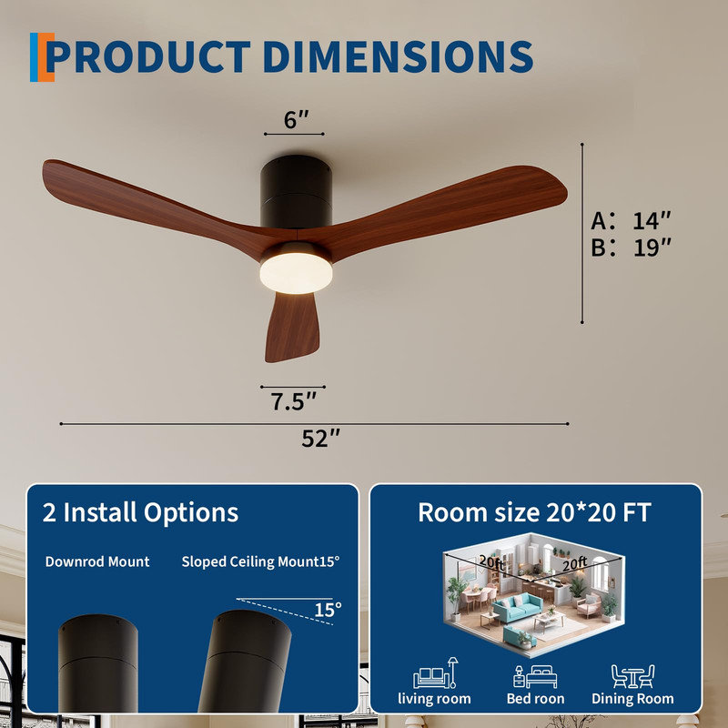 Ventilateur de plafond encastré à profil bas de 52 po, pales en bois massif, DEL à intensité variable et télécommande pour chambre à coucher