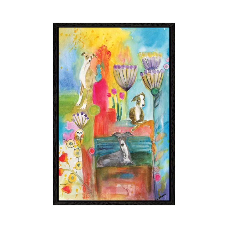 Whimsical Greyhounds by Connie Collum - Painting on Canvas, 66.04cm H x 45.72cm W x 3.81cm D, Black Framed