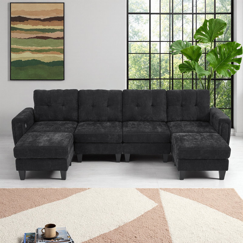 Modern U-Shaped Sectional Sofa - Modular with Ottomans, USB Ports & Foldable Side Tables, Black