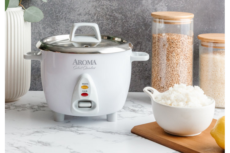 a rice cooker on a counter with a cup of cooked white rice next to it