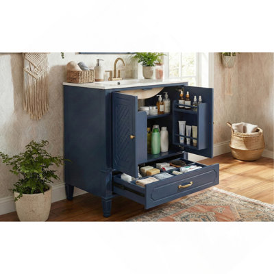 30" Bathroom Vanity with Sink Vintage Style, Multi-functional Storage Space, Door Shelf, Soft-closing Door, Blue