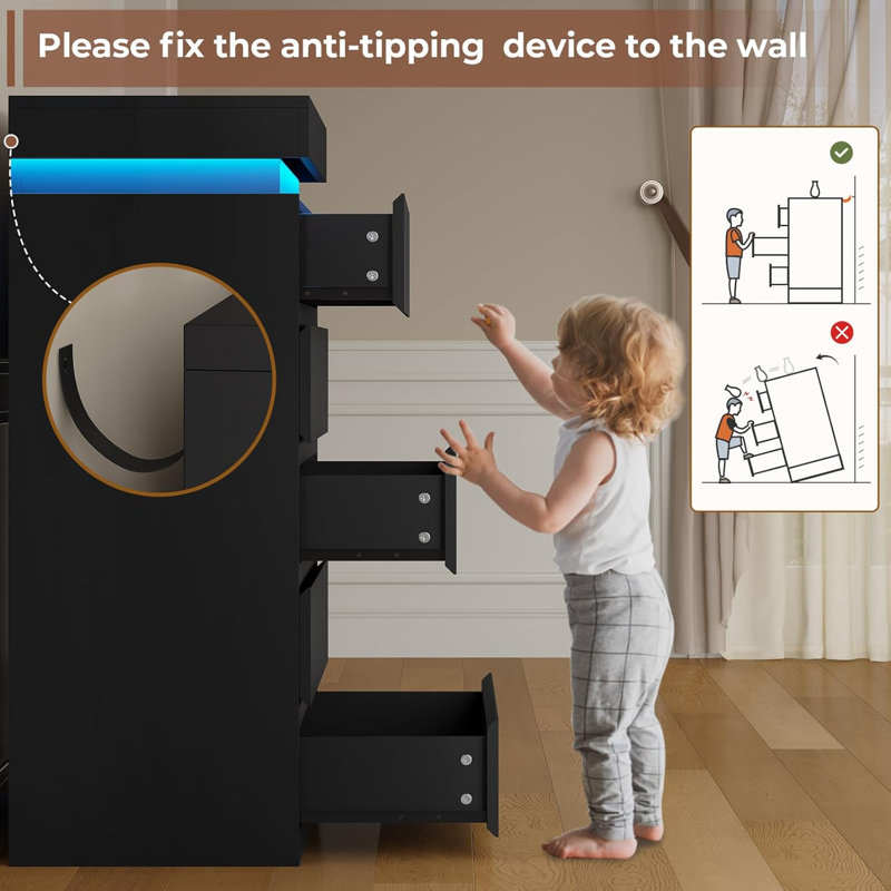 Tall 5 Drawer Dresser With Led Light, Black