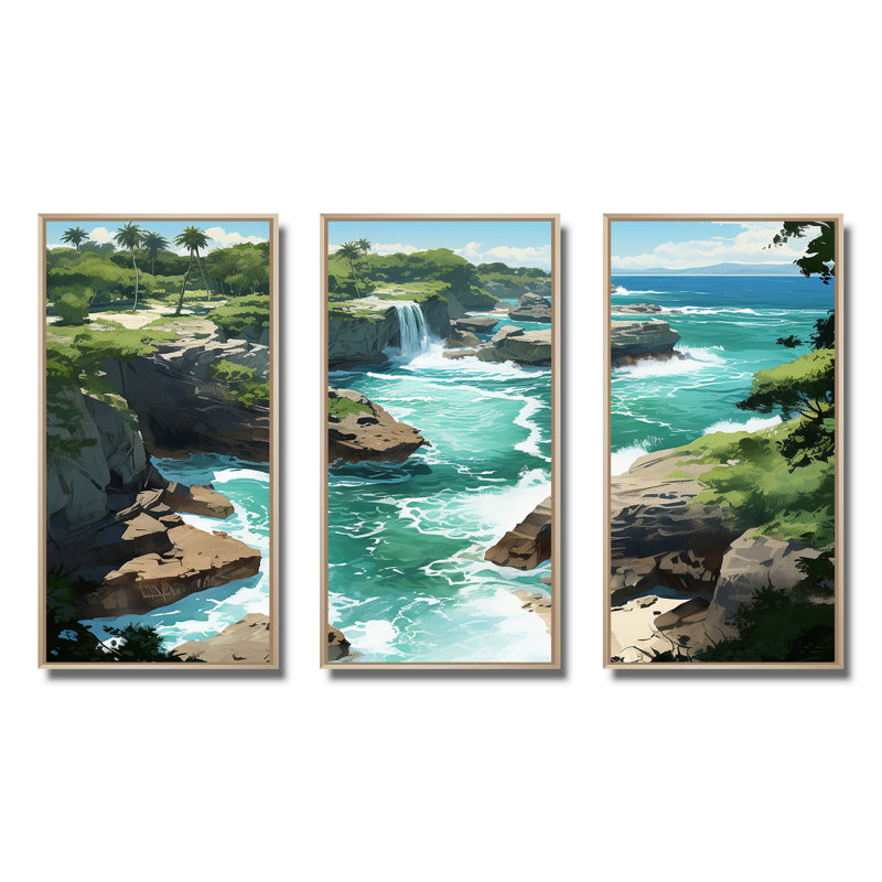 Vue aérienne côtière de l'île, sérénité, art mural tropical côtier, Cadre flottant brun, H 28 po x l 36 po x P 1 po