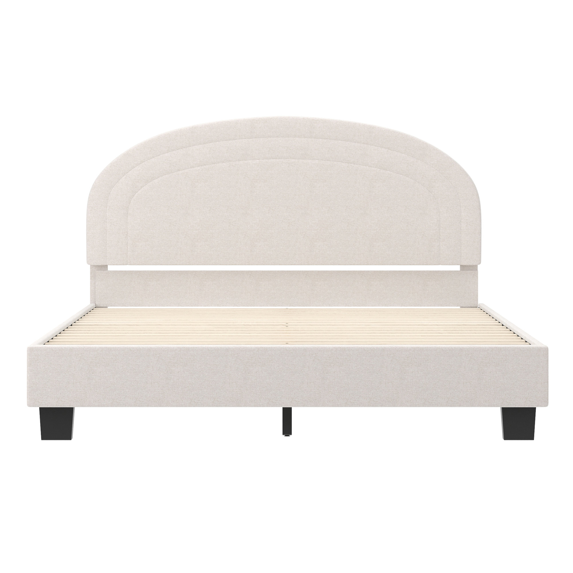 Upholstered Platform Bed Frame - Curved Stitched Headboard And Slat Foundation, Full, White