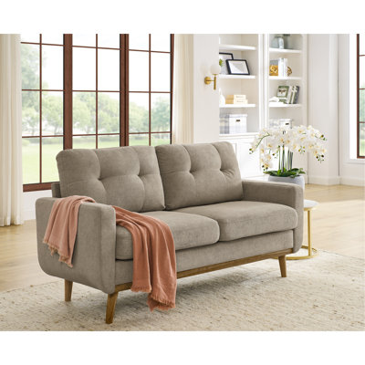 Revêtement de style moderne Mid-Century à 2 places, largeur 67,7 po, avec pieds en bois massif, style contemporain, revêtement kaki, poids de 84,7 lb, 73,07 po de profondeur, 35,35 po de hauteur, 23,6 po de largeur