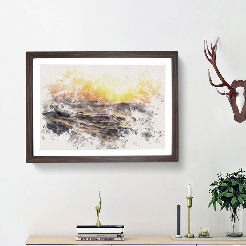Orange Sunset Above the Waves - Picture Frame Graphic Art Print, 24cm H x 33cm W x 2cm D, Walnut Framed
