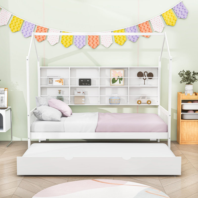 Lit plateforme en bois avec lit gigogne et tablettes, Blanc, Simple