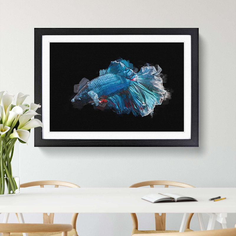 Blue Siamese Fighting Fish in Abstract - Picture Frame Graphic Art Print, Black Framed, 62cm H x 87cm W x 2cm D