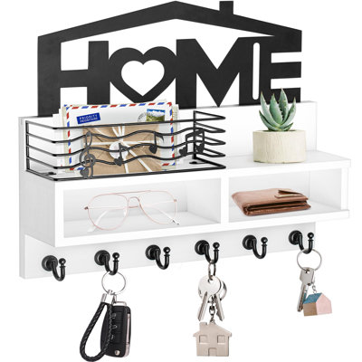 Support mural pour clés, boîte aux lettres décorative en bois et porte-clés avec panier de rangement et tablette, 2 compartiments, 6 crochets, blanc