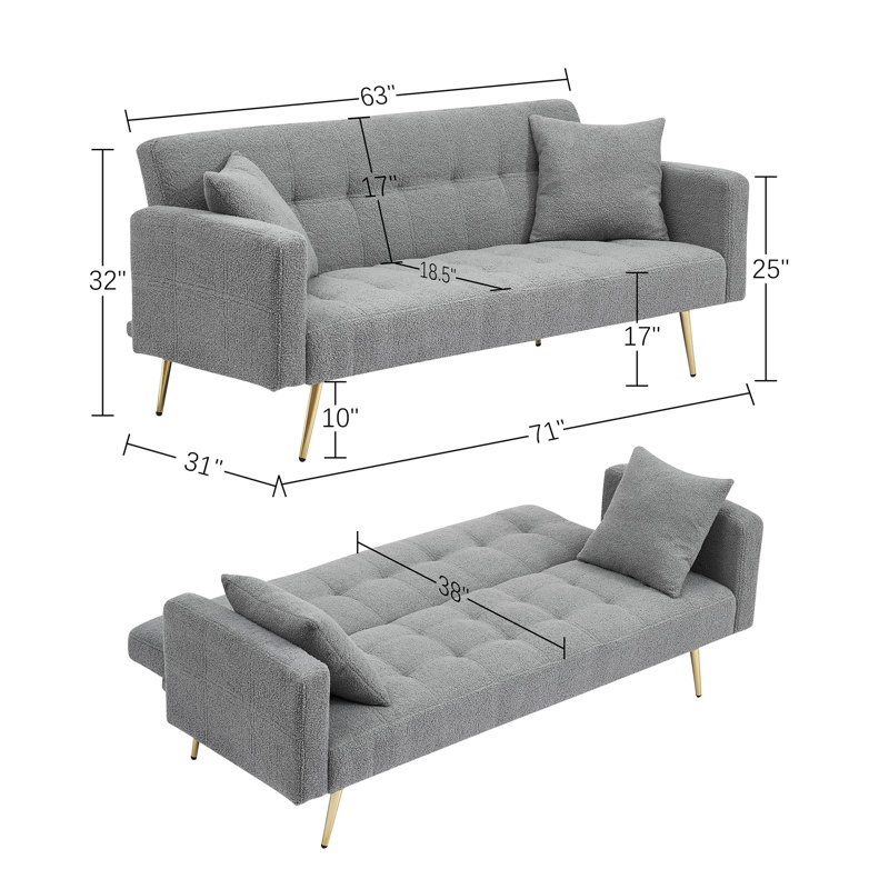 Quiniya 71.26" Modern Teddy Velvet Sofa Bed Folding Couch with Two Throw Pillows for Living Room, Gray Polyester Blend