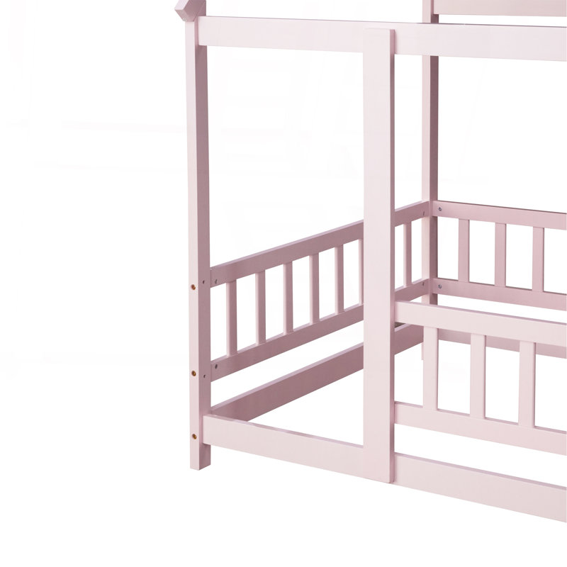 Twin Size House Floor Wooden Bed With Roof Frame,Safety Guardrails,Pink, Twin, Pink