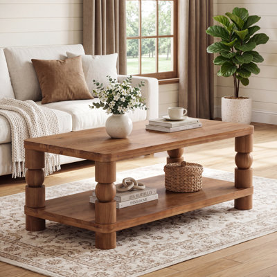 47" Solid Wood Coffee Table with Storage, Farmhouse Center Table with Turned Legs