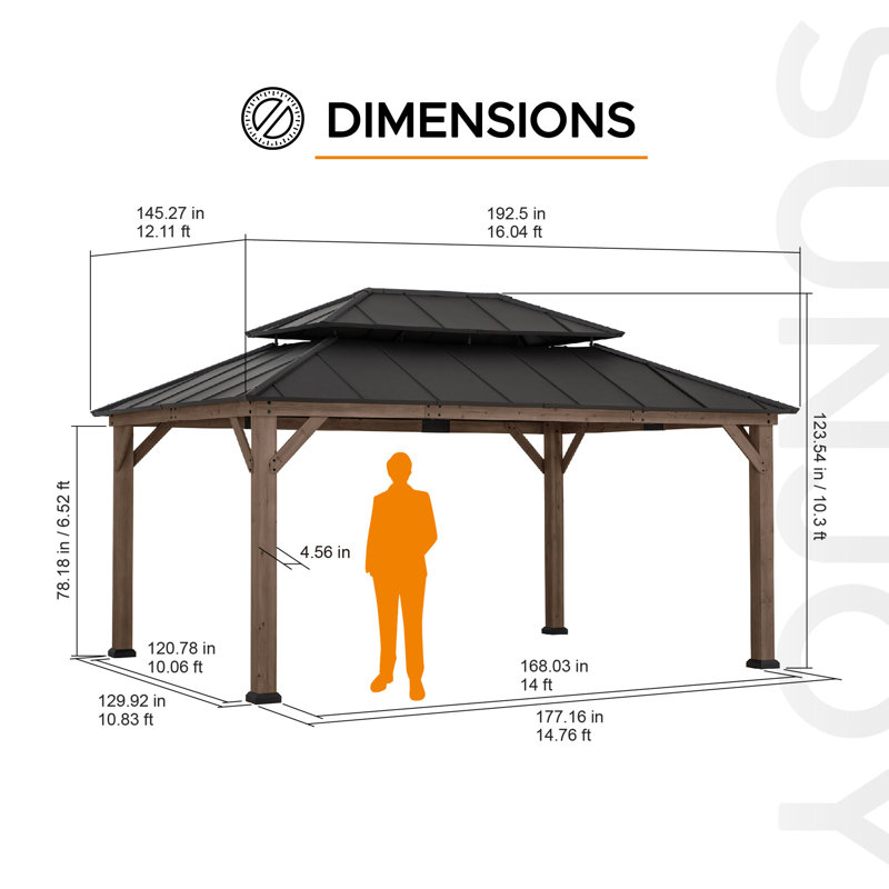 Sunjoy 12x16 ft. Wood Gazebo, Outdoor Patio Steel Hardtop Gazebo, Cedar Framed Wooden Gazebo with 2-tier Metal Roof, Suitable for Patios, Lawn, and Backyard, Dark Brown