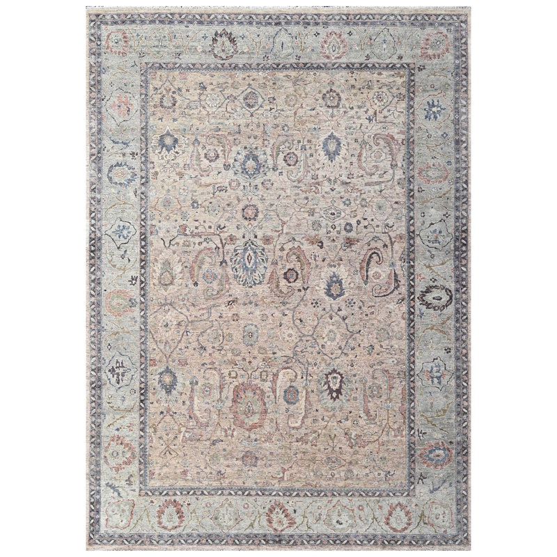 Tapis rose et bleu clair de haute qualité noué à la main, Rectangle 8 pi x 10 pi