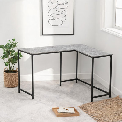 58.25-inch L-Shaped Corner Computer Desk with X-Legs, Neutral Gray Particle Board and Black Steel Base, Contemporary Modern Style