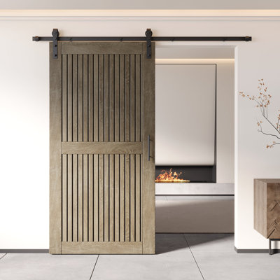 Homacer Classic Gray 36in x 80in Unassembled & Finished Vertical Stripe Design Barn Door with Non-Bypass Installation Hardware Kit, 6.6ft track, interior use only