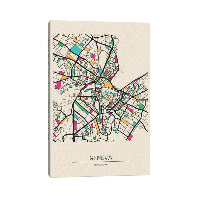 «Geneva, Suisse Map» par Ayse Deniz Akerman - impression sur toile tendue, H 18 po x l 12 po x 1,5 po