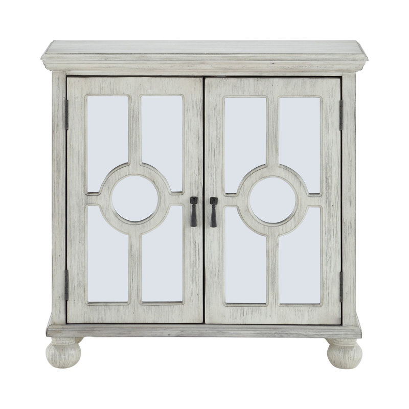 Classic Storage Cabinet Modern Traditional Accent Chest with Mirror Doors Pendant Pulls Wooden Furniture, Antique White