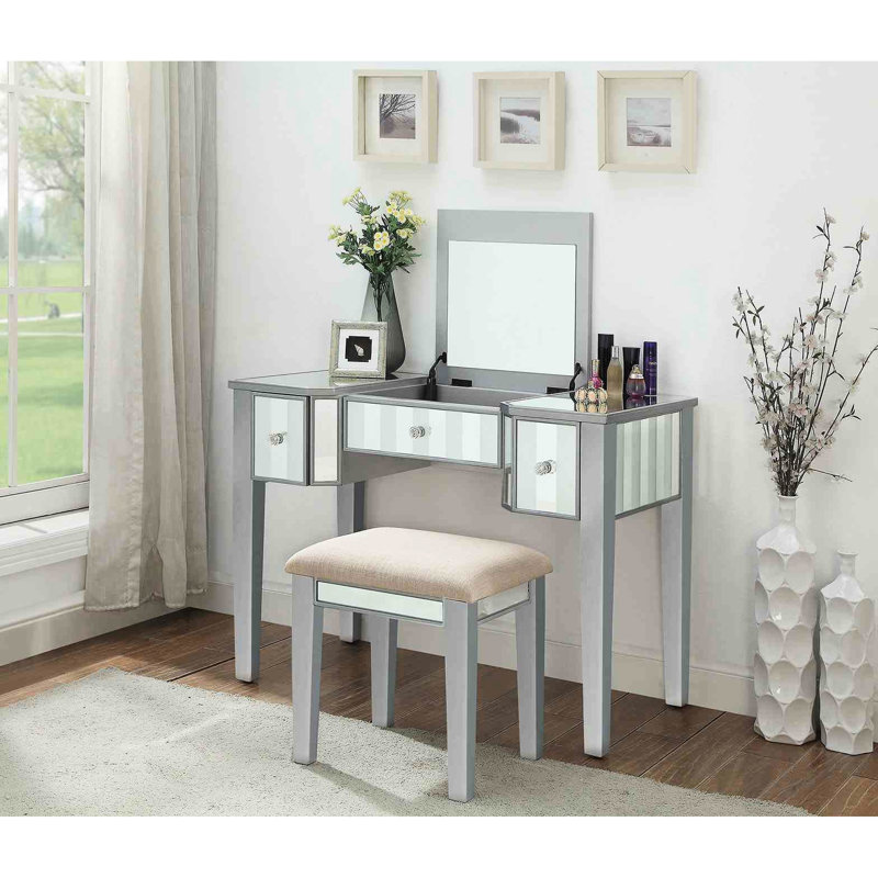 Meuble-lavabo de style transitionnel avec tabouret, conception en bois massif, 3 tiroirs de rangement, miroir central de 5 mm, ameublement de chambre à coucher à finition argentée, 1 pièce et contour, option de sélection