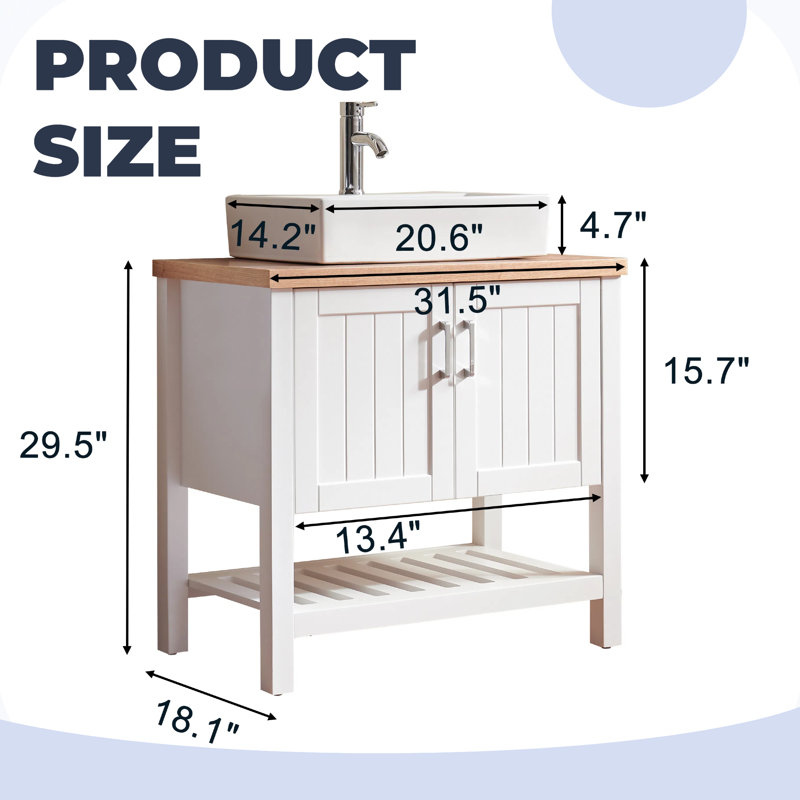Meuble-lavabo moderne de 32 po avec lavabo et rangement | Meuble-lavabo en bois massif | Lavabo au-dessus du comptoir | Conception peu encombrante