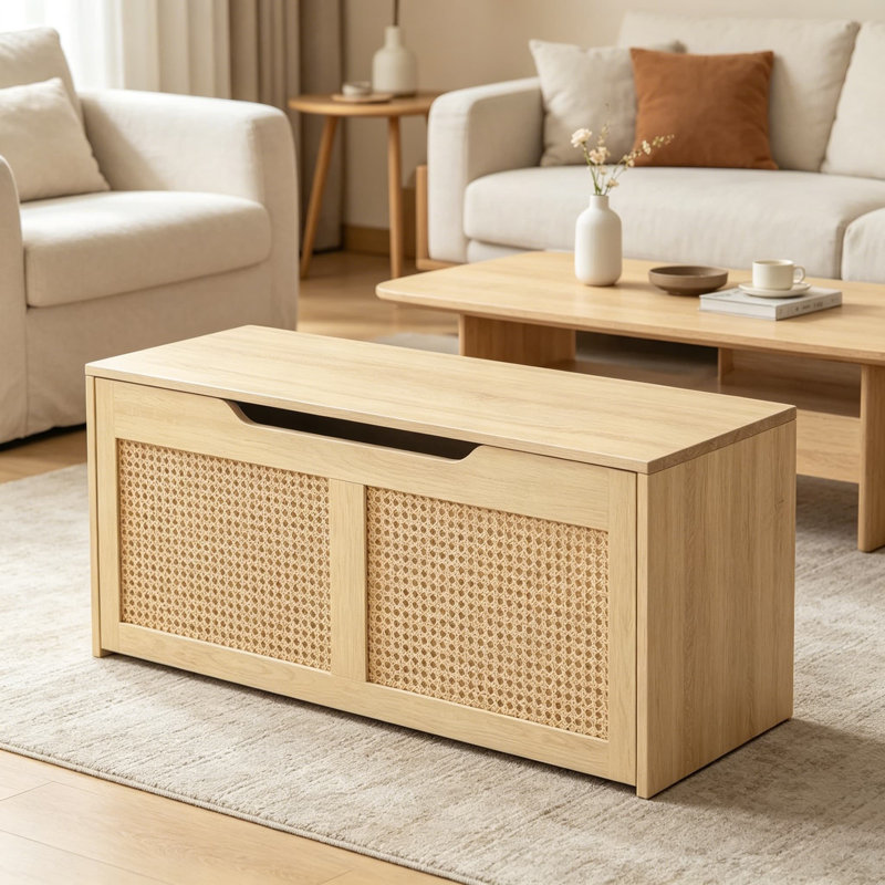 Storage Bench with Toy Box, 43.3-Inch Rattan-Like Storage Chest, Sturdy Entryway Bench Supports 220 lb, Safety Hinge with U-Shaped Opening, Easy Assembly, Natural