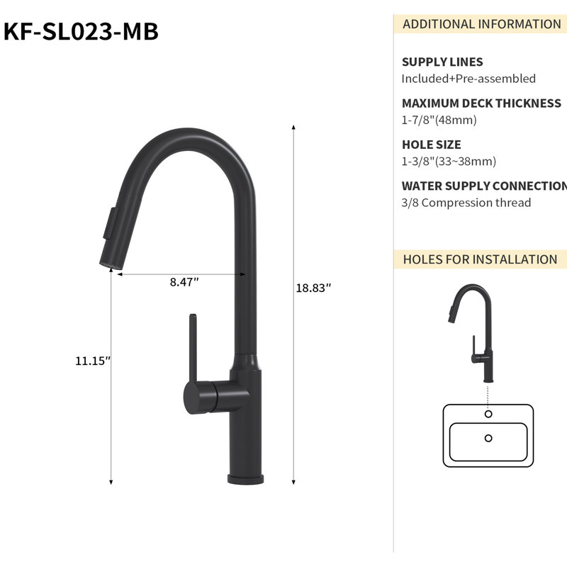 Robinet de cuisine rétractable 19,12 "avec tête escamotable en ABS - Poignée noir mat, Noir mat, 19,12 po x 1,94 po