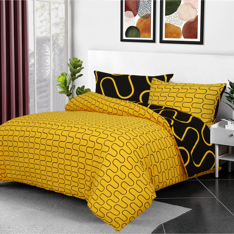 Microfiber Duvet Cover Set with Pillowcases, Single Duvet Cover Set + 2 Pillowcases, 2, Ochre/Black Wave