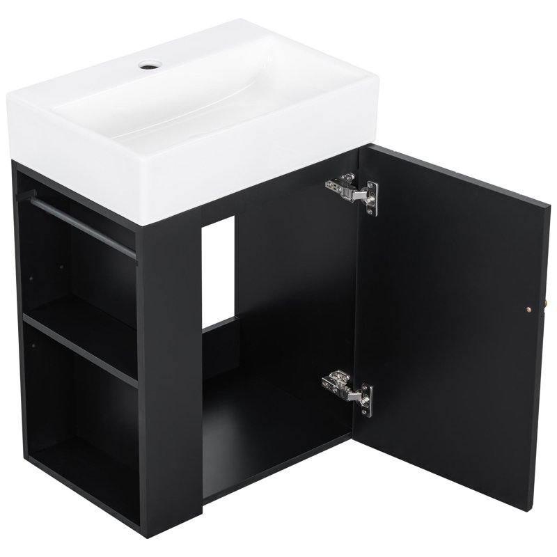 Wall-Mounted Bathroom Vanity with Diamond-Patterned Doors, Black