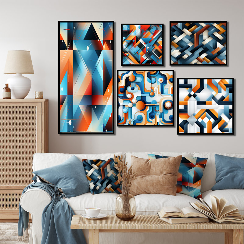 Daejion - Geometric Canvas Wall Art Set Of 5, Black Floater Framed
