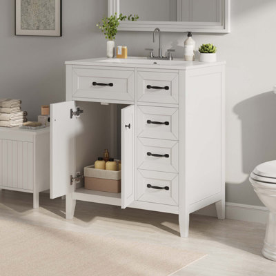 Meuble-lavabo de 30 po avec lavabo en céramique, meuble-lavabo autoportant avec poignées en métal, pieds en bois massif, portes et tiroirs à fermeture en douceur
