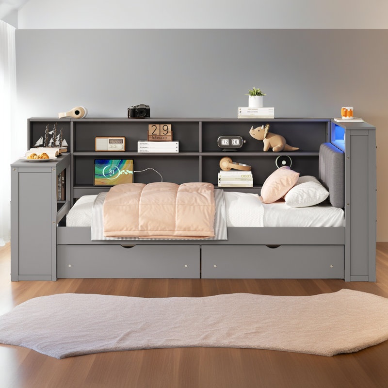 Lit plateforme double pleine grandeur - Lit tapissier avec tablettes de rangement, tiroirs, station de charge, tête de lit à DEL et bureau intégré (capacité de 550 lb)