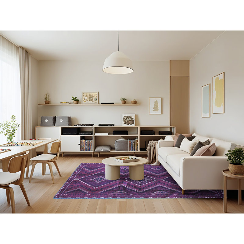 Tapis géométrique en laine / polyester tissé à la machine bleu foncé / mauve, Rectangle 7 pi x 9 pi