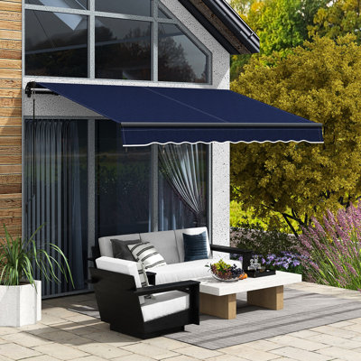 Store banne rétractable de 3 m x 2,4 m pour terrasse, à ouverture manuelle. Construction robuste en aluminium de 280 g/m². Bleu. Parfait pour protéger votre terrasse, balcon ou jardin du soleil. Matériau résistant et durable.
