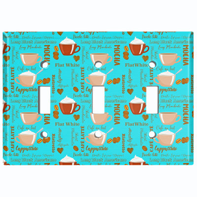 Coffee Cup Mocha Espresso Lover Teal Patterned 3 - Gang Toggle Light Switch Standard Wall Plate